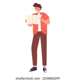 Tourist man with map looking for the way or direction, flat vector illustration isolated on white background. Young person opening map or sheet of paper. Concepts of tourism, hiking and vacation.