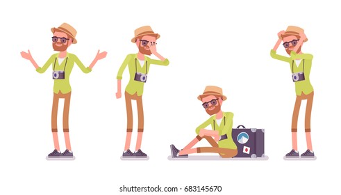 Tourist man negative emotions set. Upset with delayed flight, forgetting passport, trip problems, language barrier, bad location. Vector flat style cartoon illustration, isolated, white background