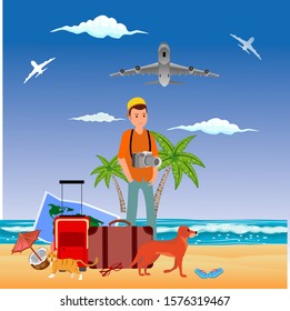 Tourist man on the ocean coast with his luggage and dog, summer travel theme, vector