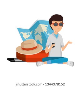 tourist man with paper map and hat