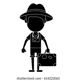 tourist man photographic camera and suitcase pictogram