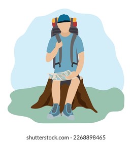 Tourist man resting on a stump with a map and a large backpack. Active lifestyle vector cartoon