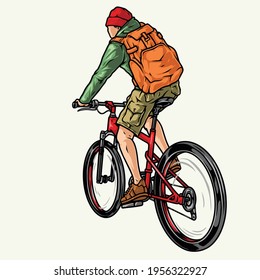 Tourist man riding bicycle colorful concept in vintage style isolated vector illustration