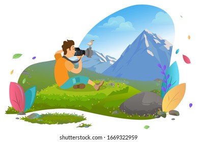 Tourist man sitting on grass and taking photo of mountain landscape. Little bird on top of camera lens. Nature photography, hiking vector illustration