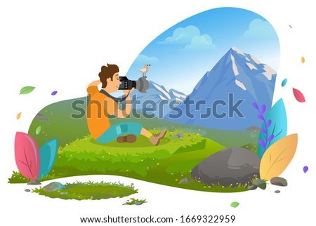 Tourist man sitting on grass and taking photo of mountain landscape. Little bird on top of camera lens. Nature photography, hiking vector illustration