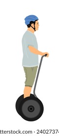 Tourist man standing and riding electric scooter vector illustration isolated on white background. Man traveling with rental vehicle city tour on vocation. Urban transportation boy by two wheels.