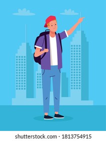 tourist man standing with travelbag on the city character vector illustration design
