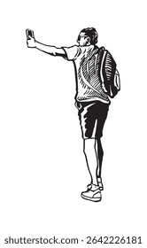 Tourist man stands and holds smartphone on white background, graphical illustration