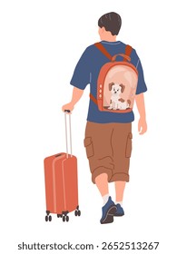 Tourist man with suitcase and dog in backpack walking away. Back view. Travel with pets. Vector illustration in flat design.