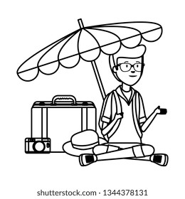 tourist man with suitcase and umbrella