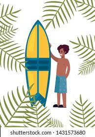 tourist man in swimsuit with surfboard tropic leaves summer