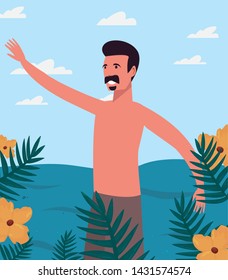 tourist man in swimsuit tropic leaves flowers summer