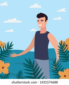 tourist man in swimsuit tropic leaves flowers summer