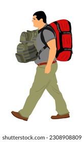 Tourist man traveler carrying with backpack vector illustration isolated on background. Adventure boy with bags for trip. Male passenger waiting taxi for travel to airport. 