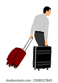 Tourist man traveler carrying his rolling suitcase vector illustration isolated on background. Business man with bags. Male passenger waiting taxi for travel to airport. Hotel doorman boy helping. 