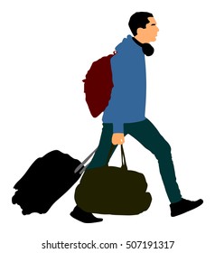 Tourist man traveler carrying his rolling suitcase vector illustration isolated on white background. Tourist with backpack isolated. Man passenger walking traveling. Boy with luggage go to hostel.