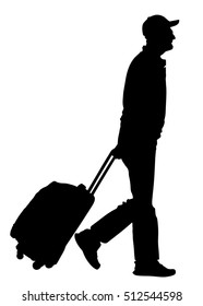 Tourist man traveler carrying his rolling suitcase vector silhouette illustration isolated on white background. Passenger walking to airport. Destination scene Senior man waiting for taxi with luggage