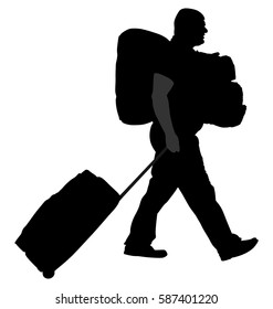 Tourist man traveler carrying his rolling suitcase vector silhouette illustration isolated on white background. Tourist with many bags isolated. Man passenger with backpack waiting taxi for travel. 