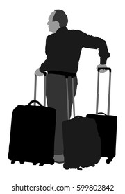 Tourist man traveler carrying his rolling suitcase vector silhouette illustration isolated on white background. Tourist with many bags isolated. Man passenger waiting taxi for travel.