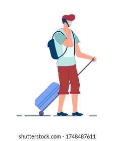 Tourist man. Traveler person in mask carrying backpack, pulling luggage wheel suitcase, talking on mobile phone during coronavirus pandemic. Man tourist passenger cartoon character, tourism