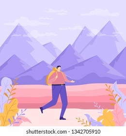 Tourist man traveling by walking with backpack on mountains background, illustration.