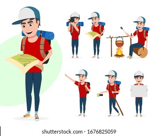 Tourist man vector character set. Male hiker characters in different activity poses summer adventure while standing and holding map, taking pictures and walking isolated in white background.