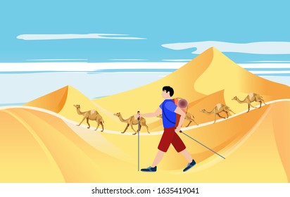 Tourist man walks in the desert, in the sand dunes travel concept vector illustration