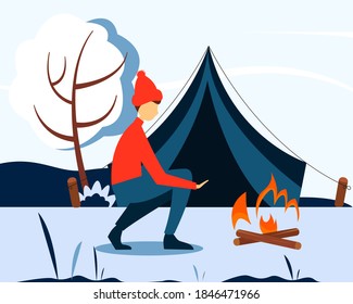 Tourist man warming his hands by the fire. The concept of an active lifestyle, Hiking, outdoor recreation. Winter illustration in flat style