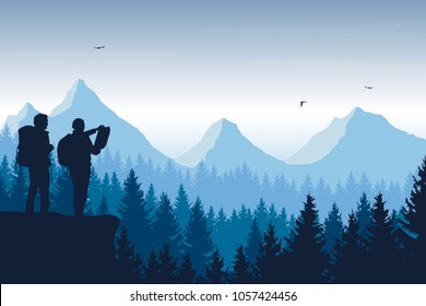 Tourist, man and woman with backpacks and a map looking for a trip in a mountain landscape with forest, trees and flying birds under the sky with clouds - vector