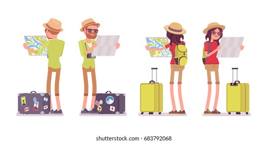 Tourist man and woman map looking. Traveling people in trip wear getting lost, planning the walking route. Front, rear view. Vector flat style cartoon illustration, isolated, white background