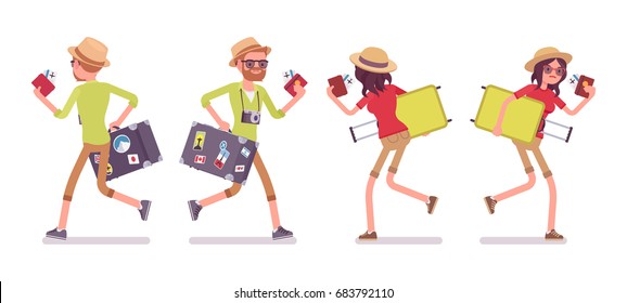 Tourist man and woman running. Traveling people in trip wear with luggage hurry, late for plane or registration. Front, rear view. Vector flat style cartoon illustration, isolated, white background