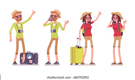 Tourist man and woman set. Traveling people with luggage in trip wear talking on phone, standing and hitchhiking. Vector flat style cartoon illustration, isolated, white background