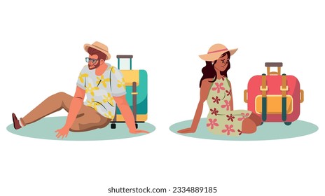 Tourist man and woman sitting on the floor. Traveling people on trip wear tired and bored with long journey, waiting for departure. Vector flat style cartoon illustration, isolated, white background.