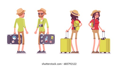 Tourist man and woman standing. Traveling people in trip wear with luggage, waiting for train or plane departure. Front, rear view. Vector flat style cartoon illustration, isolated, white background