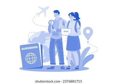 Tourist Man And Woman Walking With Map Or Guidebook