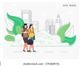 Tourist Man and Woman Wear Protective Mask with Bag and Camera on Line Art Buildings White Background for Safe Travel Concept.