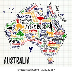 Tourist Map Of Australia. Typography Poster.