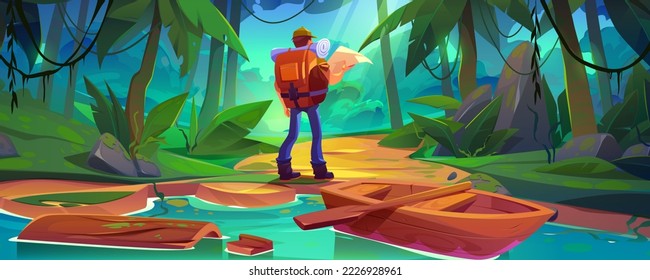 Turista con mapa y mochila parados en el paisaje de selva con barco de madera en el lago y vegetación tropical alrededor. Senderismo, aventura de viaje, viajero en selva tropical Dibujo vectorial de dibujos animados