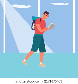 A tourist with a map and a backpack walks through the airport. Flat vector. Business and leisure concept.