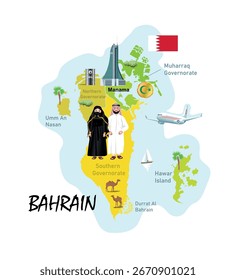 Tourist map of Bahrain. Vector art illustration
