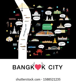 Tourist Map To Bangkok On Black Background. Vector Illustration