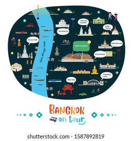 Tourist Map Of Bangkok, Thailand With Landmarks. Vector Illustration