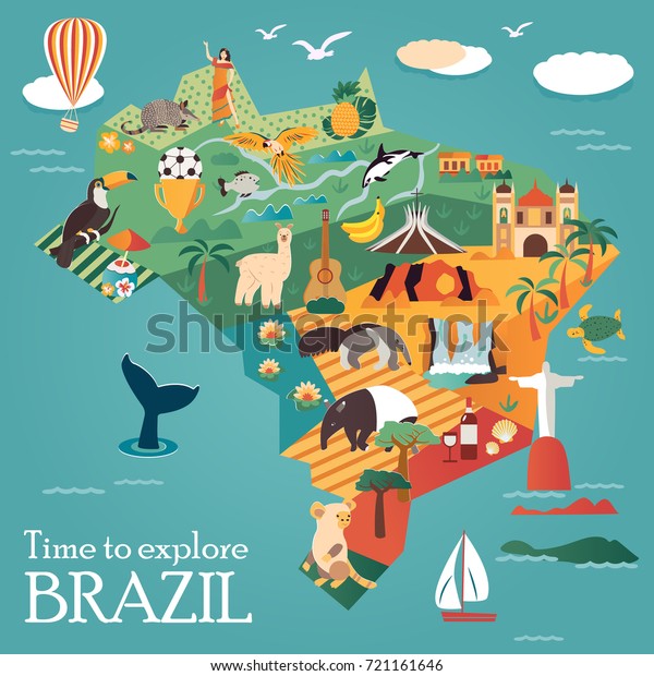 目印と動物を持つブラジルの観光地図 観光ポスターやチラシとして使える のベクター画像素材 ロイヤリティフリー