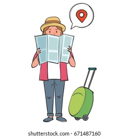 Tourist with map cartoon design. Flat icon design. vector illustration