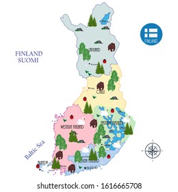Tourist map of Finland, administrative districts and main cities, seven symbols of the country-birch, seven-point ladybug, granite, Swan, perch, Lily of the valley, bear. Vector illustration