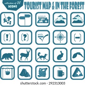 Tourist map for forests, reserves, highlands. Collection of twenty icons.