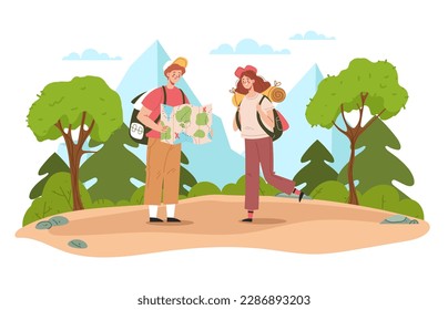 Tourist map hiking travel nature summer trail forest concept. Vector graphic design illustration