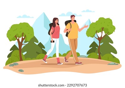 Tourist map hiking travel nature summer trail forest concept. Vector graphic design illustration