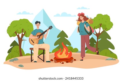 Tourist map hiking travel nature summer trail forest concept. Vector graphic design illustration