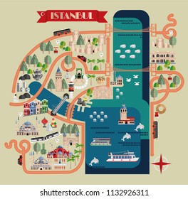 Istanbul’s tourist map illustration in flat style with most popular, historical, famous places symbols and icons. Palaces, bridges, mosques, monuments and landmarks. Istanbul travel guide for print.
